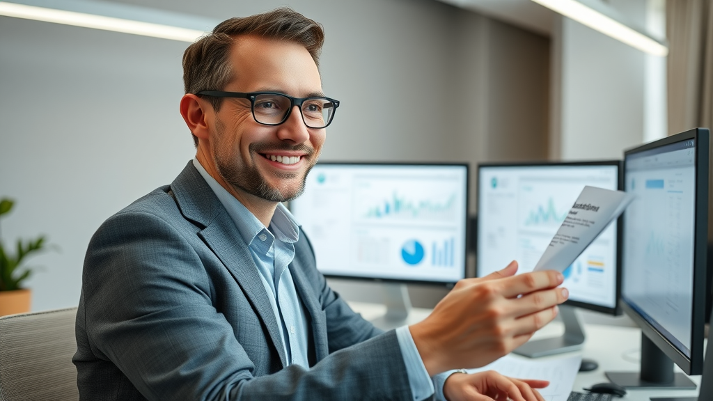 Legal marketing manager reviewing legal video campaign analytics and client feedback—results-driven video marketing strategy, contemporary workspace, success measurement.