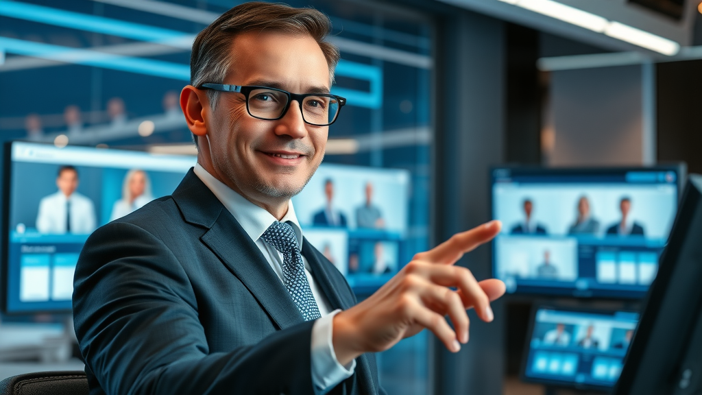 Attorney presenting interactive legal video content, live chat UI, and digital audience engagement—future of law firm video marketing, high-tech studio with smart interface.