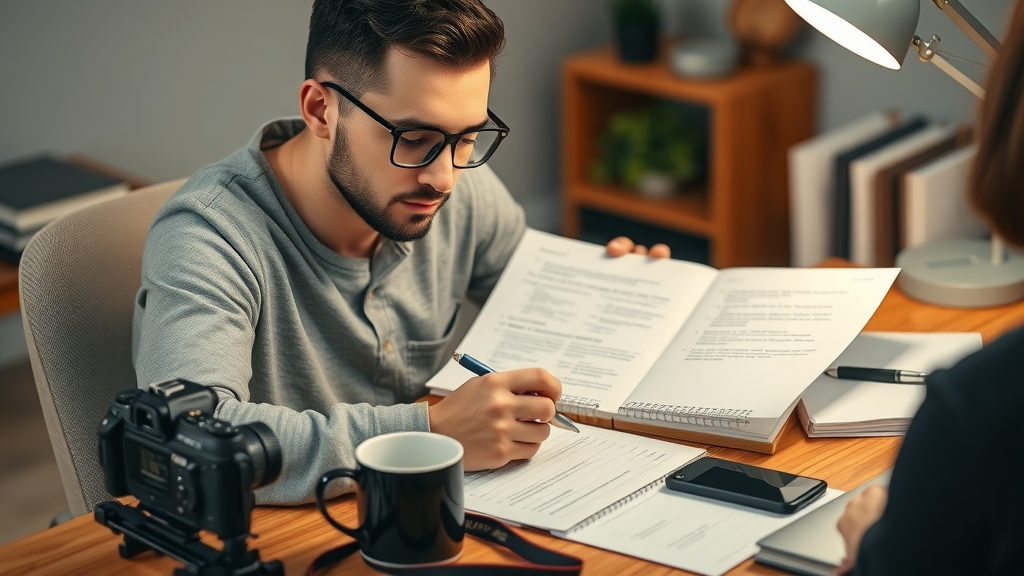 Writer developing legal video marketing plan, drafting script and storyboards for law firm videos—thoughtful planning, organized desk with video gear and legal resources.