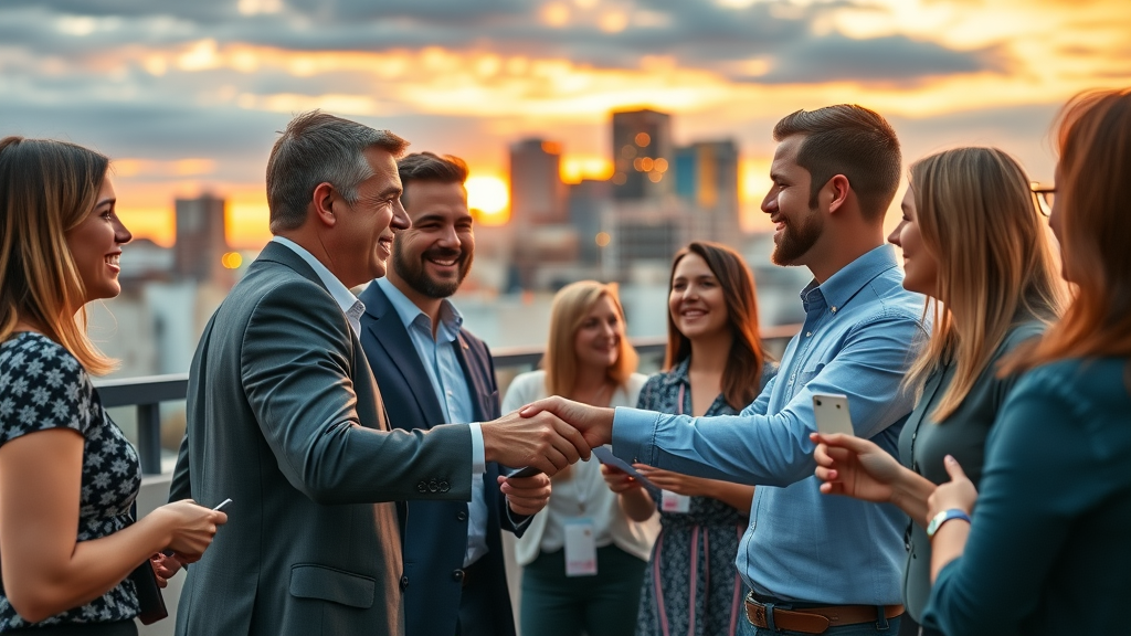 Business networking event on downtown Raleigh rooftop showing business owners connecting for growth