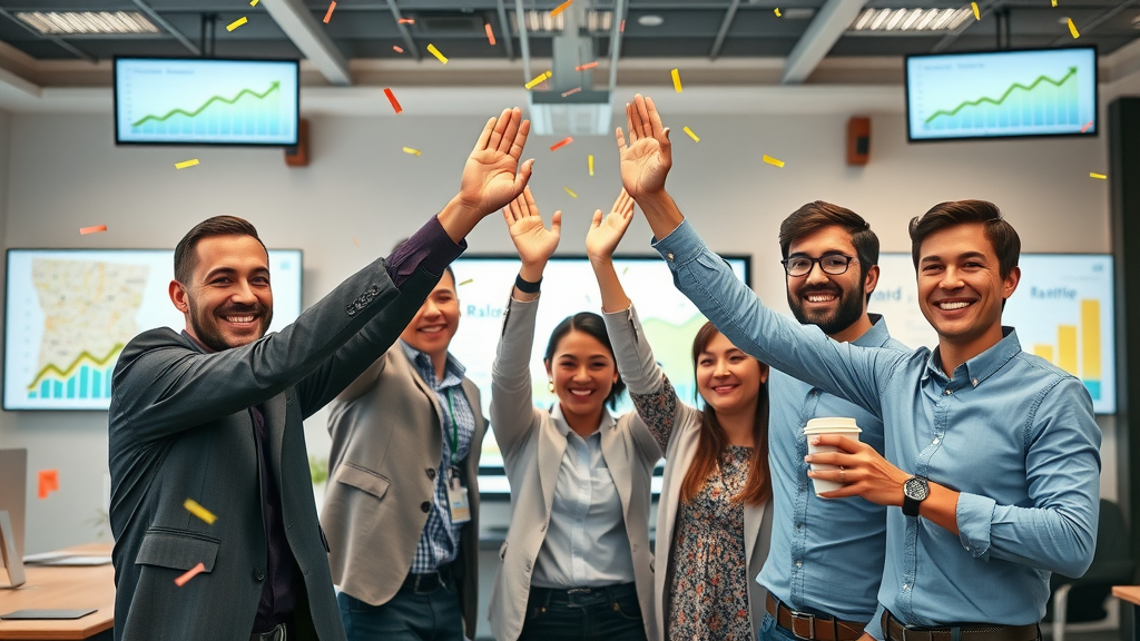 Optimistic Raleigh small business team celebrating successful business growth