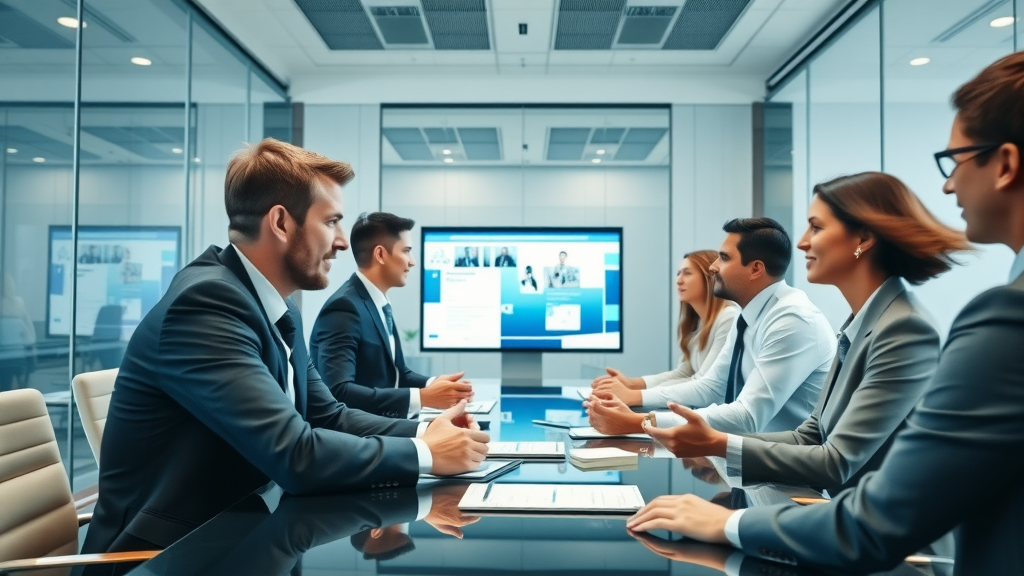 Dynamic law firm conference room. Confident attorneys in a modern boardroom discussing video marketing for lawyers, photorealistic, rendered in blue and white palette.