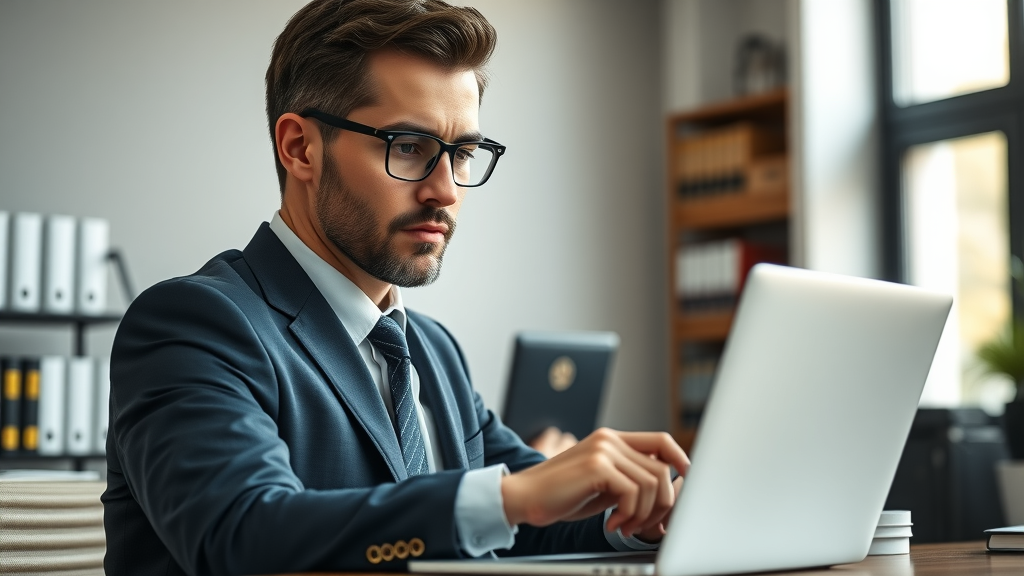Modern lawyer reviewing analytics for law firm video marketing in a contemporary office, photorealistic, navy and gold palette.