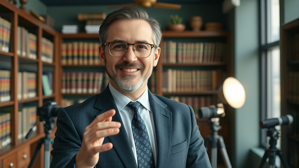 Attorney confidently presenting law firm video content in a law library, professional lighting, video marketing for lawyers, photorealistic.