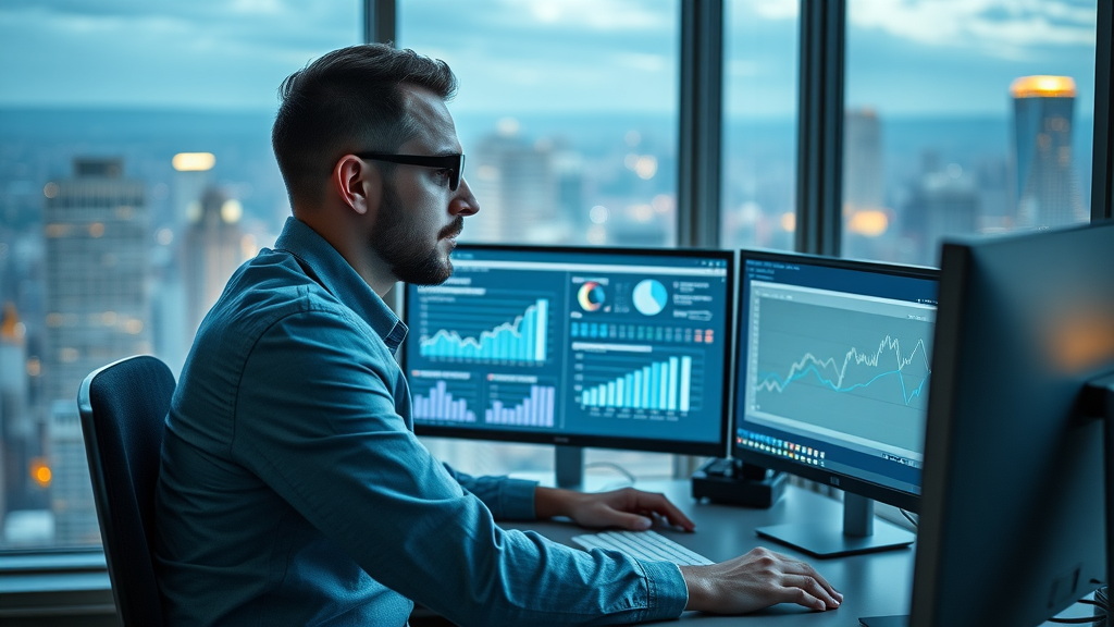 Digital marketing specialist optimizing law firm video SEO on dual monitors, photorealistic, city view, analytics displays, video marketing for lawyers.