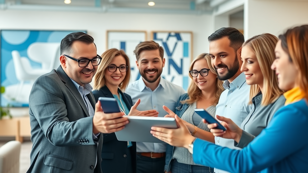 Law firm team shares video marketing content on social media around tablet, modern office, brand colors, photorealistic, collaborative.