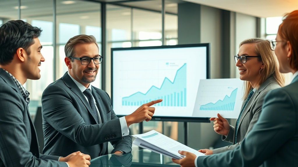 Lawyers reviewing video marketing results in meeting room, analyzing growth charts, green and gray theme, photorealistic.