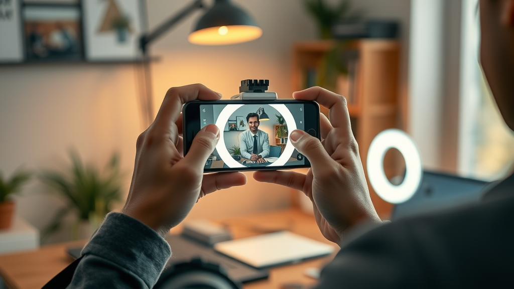 Attorney films a DIY law firm video with a smartphone in home office, natural lighting, video marketing for lawyers, photorealistic.