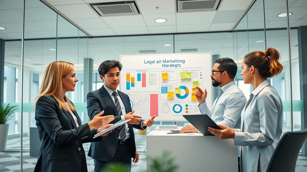 Legal and marketing professionals collaborating on law firm video strategy, brainstorming over strategy charts in modern office, photorealistic.