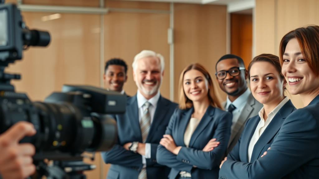 Diverse attorneys filming testimonial video for law firm video marketing