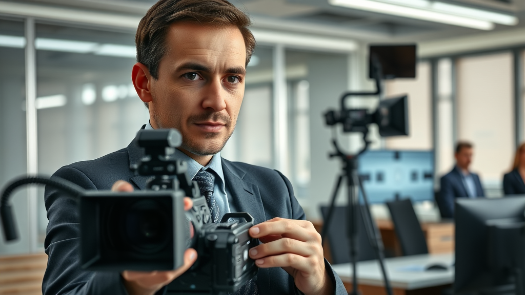 Law firm team filming video in office for law firm video advertising