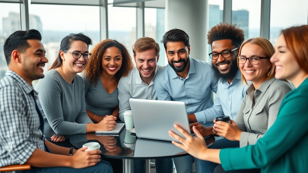 Dynamic group of diverse marketing professionals in business casual attire collaborating in a modern Raleigh office, city views, and branded items. local marketing consultant Raleigh, digital marketing, Raleigh NC