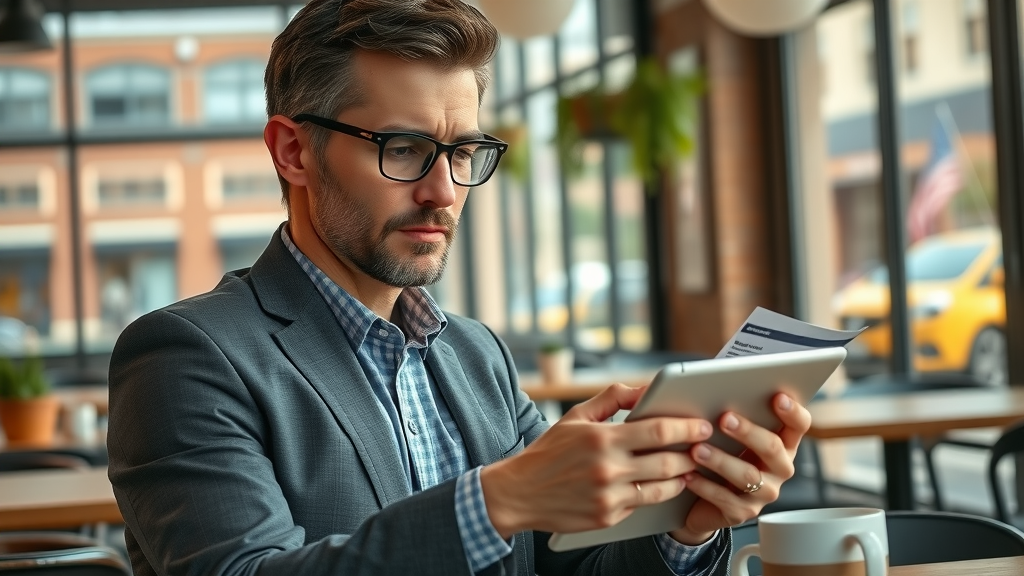 Professional local marketing consultant in a Raleigh cafe reviewing targeted campaign data, digital marketing, public relations, raleigh nc