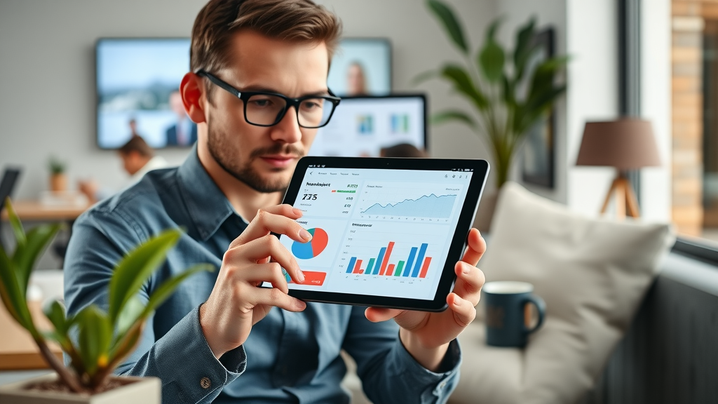 Sleek digital marketing dashboard with analytics in a Raleigh coworking space, plants, branded mugs, tablet, local marketing consultant Raleigh, Raleigh NC
