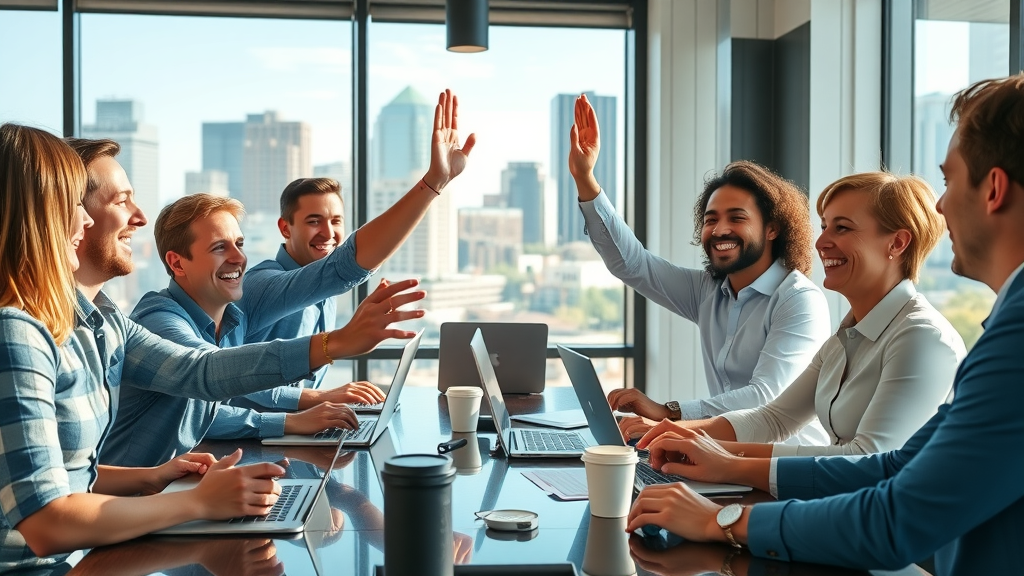 Energetic Raleigh business meeting, team celebrating marketing growth with high-fives in urban office overlooking Raleigh, digital marketing, local marketing consultant Raleigh