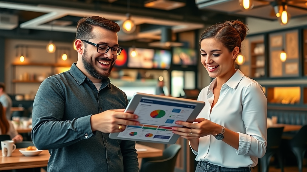 Vibrant Raleigh restaurant team, joyful expressions reviewing marketing results with consultant in trendy eatery, digital marketing, Raleigh NC