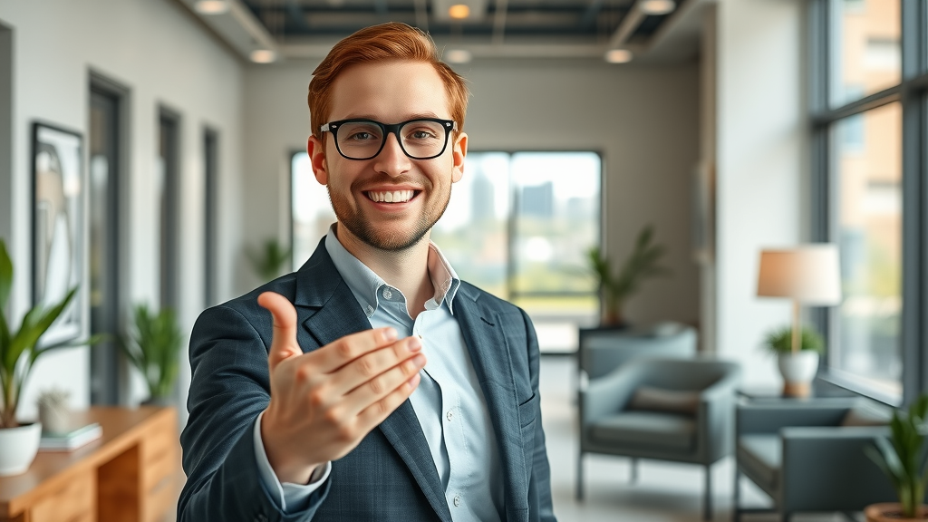 Welcoming Raleigh marketing consultant in sleek office lobby, open and friendly, ready to help, local marketing consultant Raleigh, Raleigh NC, city skyline view, calming greens, highly realistic
