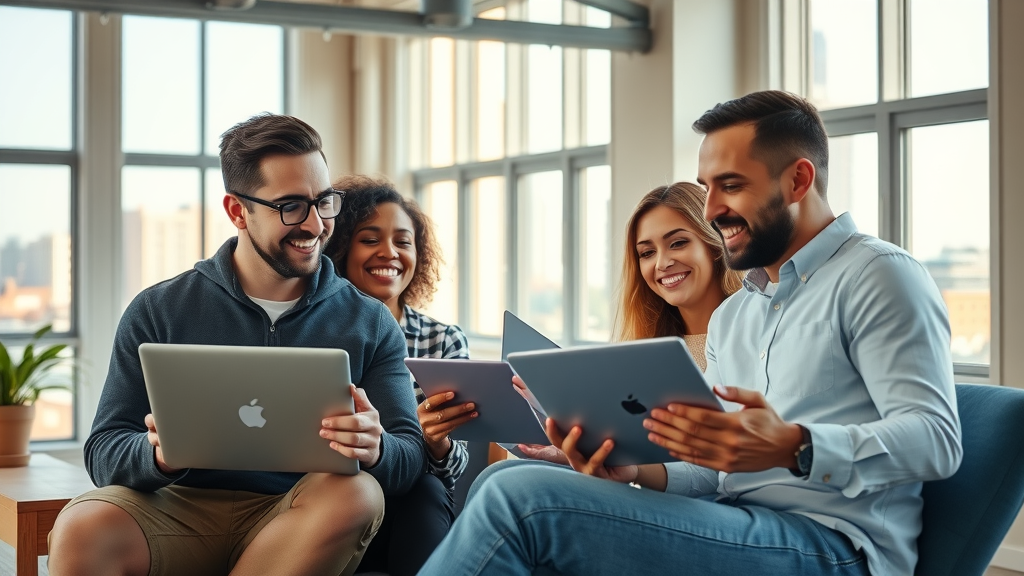 Raleigh business owners collaborating on digital marketing strategies for small businesses Raleigh in a modern coworking space, city skyline view