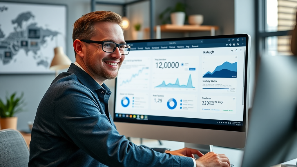 Business professional in Raleigh reviewing local SEO dashboard and paid media results for small businesses
