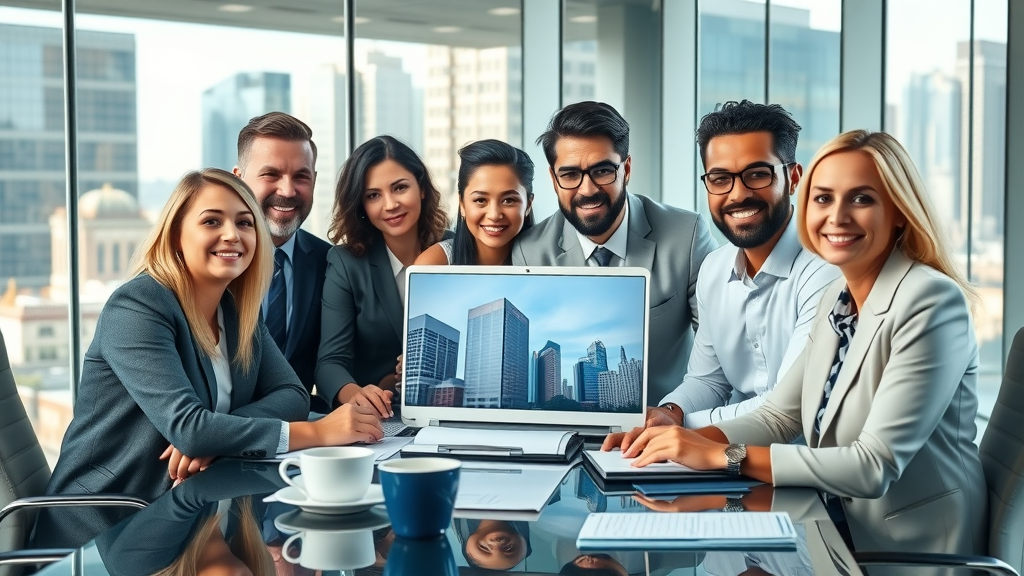 lawyer marketing videos team collaborating to review law firm marketing video content together in a modern glass-walled conference room