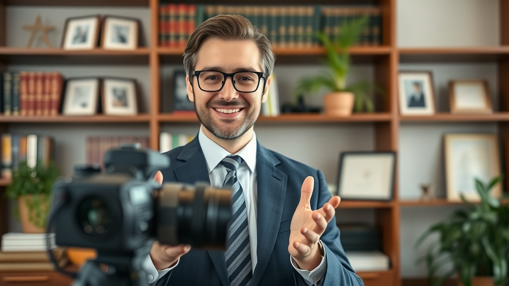 Friendly professional lawyer recording a law firm video for marketing in an elegant legal office