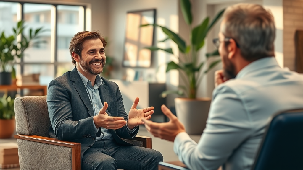 client testimonial video for law firm with sincere and happy expression in a welcoming office