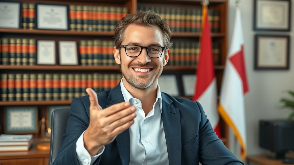 attorney introduction and attorney bio video for law firm marketing with confident, welcoming expression and legal books in the background