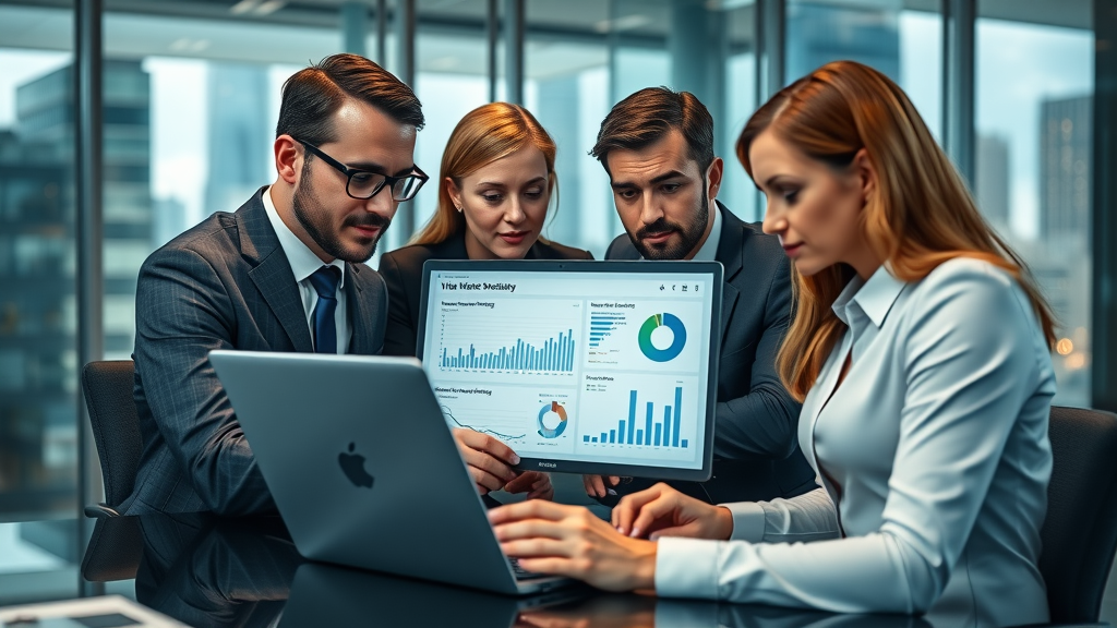 Professional legal team analyzing video marketing statistics and analytics for legal services video promotion in a modern law office