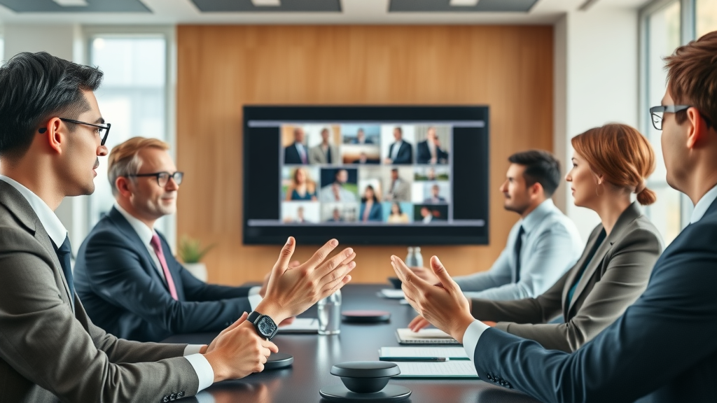 Contemporary law firm meeting discussing legal services video promotion strategy with a video storyboard in a bright conference room