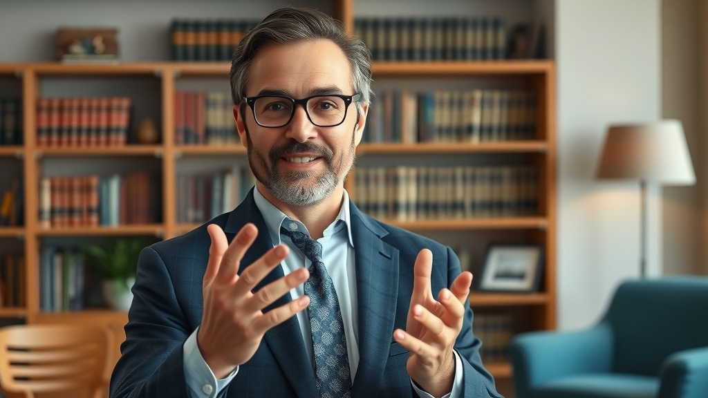 Confident attorney creating legal video content, engaging with potential clients in a welcoming law office setting