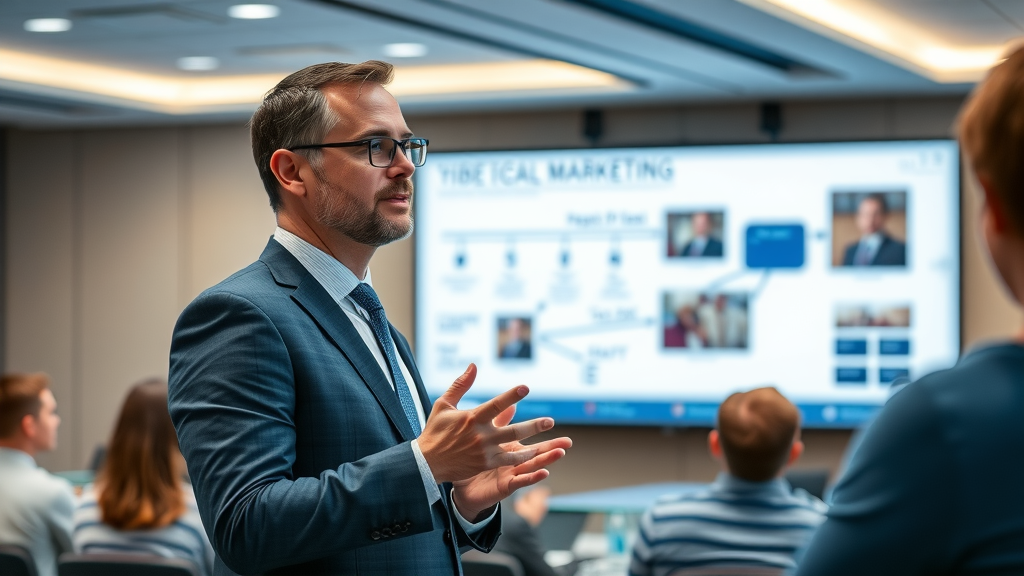 Legal marketing expert explaining legal services video promotion concepts at a digital smart board in a tech-forward seminar room