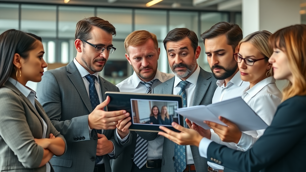Law firm team reviewing a video draft for mistakes during the legal services video promotion process