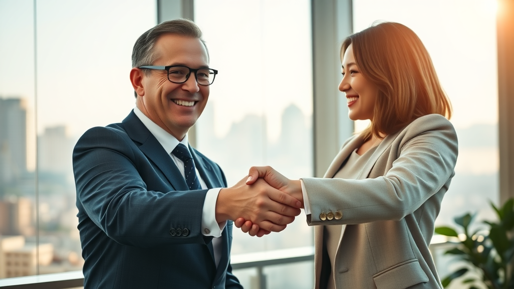 Satisfied client and attorney shaking hands in law office after viewing successful law firm video testimonial