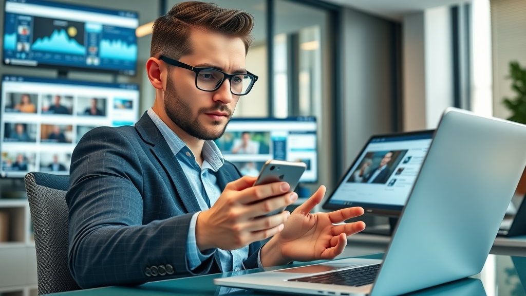 Law firm social media manager scheduling legal services video promotion posts on laptop and smartphone