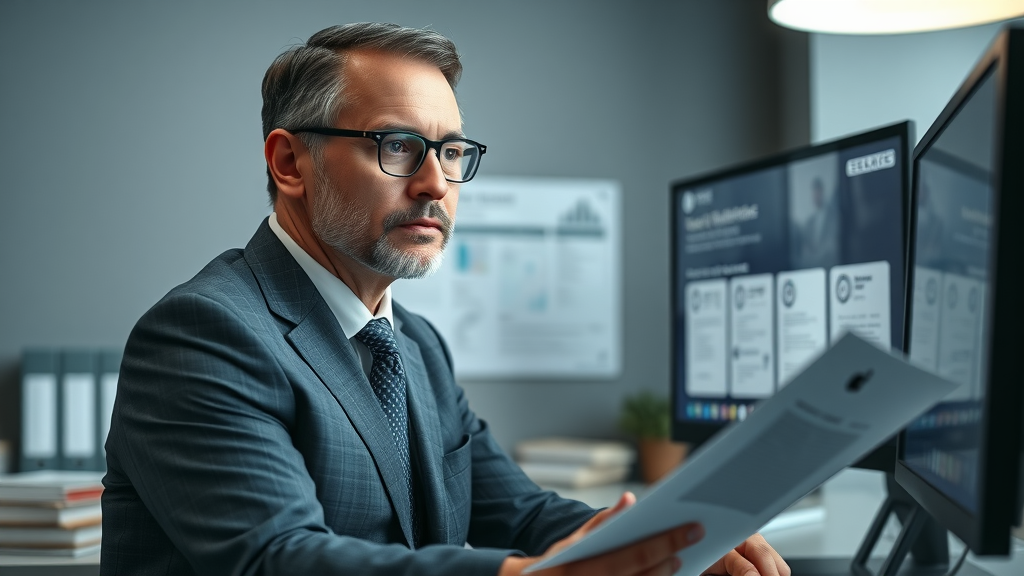 Compliance officer reviewing legal video content for legal services video promotion compliance requirements