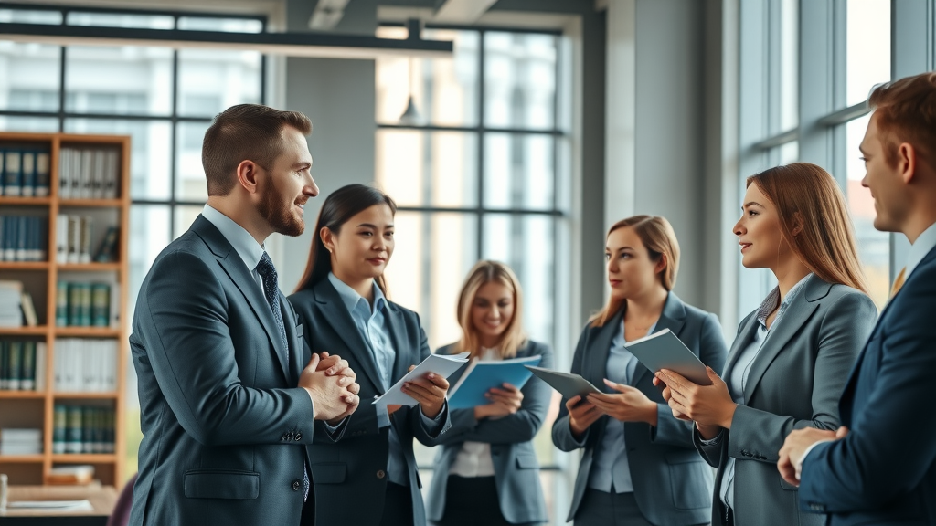 Contemporary law firm office with attorneys collaborating - video content for attorneys