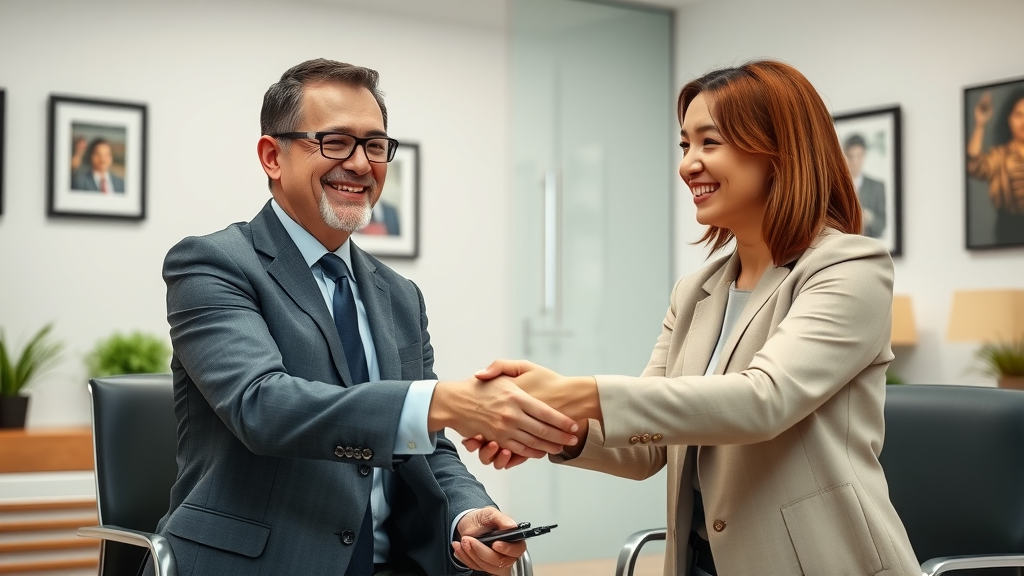 Satisfied client shaking hands with attorney after video consultation - law firm video content