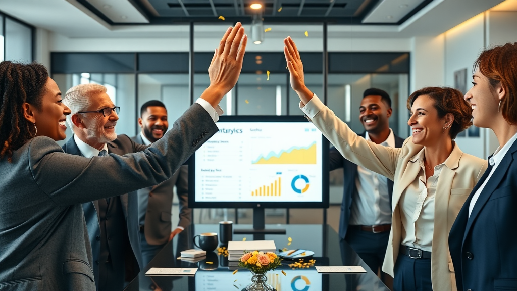 Diverse attorneys celebrating law firm video content marketing success