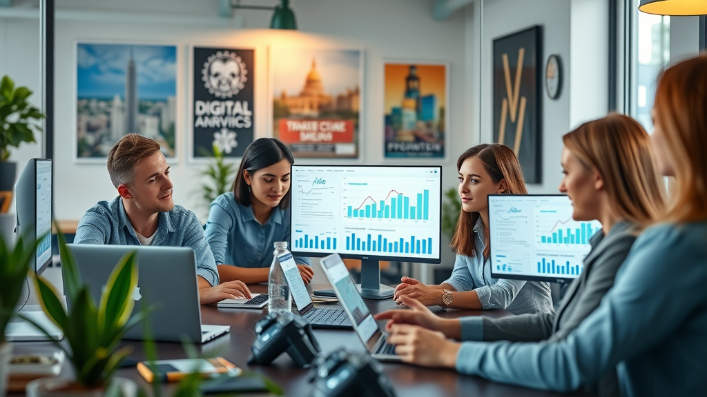 Modern Raleigh digital marketing team collaborating on analytics in a branded coworking office — digital marketing synergy Raleigh