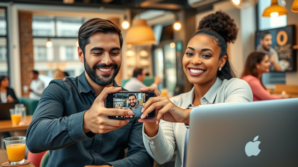 Raleigh business owner and team creating social media content in coffee shop — small business branding Raleigh social media strategy