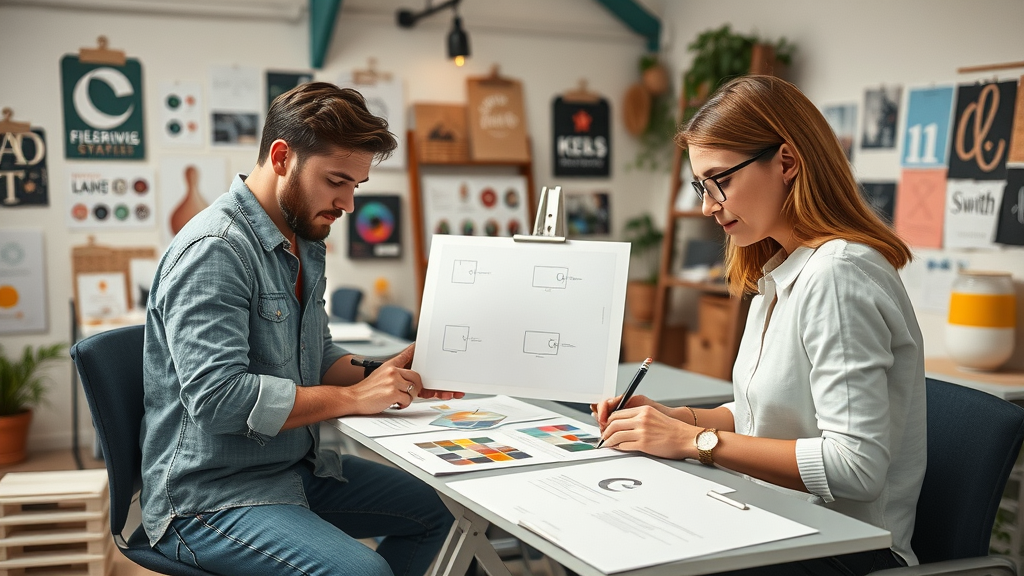 Collaborative Raleigh design studio — designers sketching logos, arranging color palettes — creative branding solutions for small business branding Raleigh