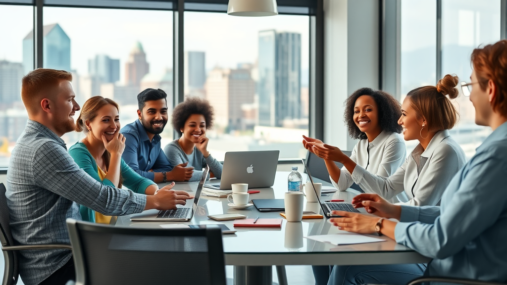 Diverse startup founders and a Raleigh marketing expert collaborating with animated gestures in a sleek Raleigh office, with city skyline visible through modern windows, photorealistic style.