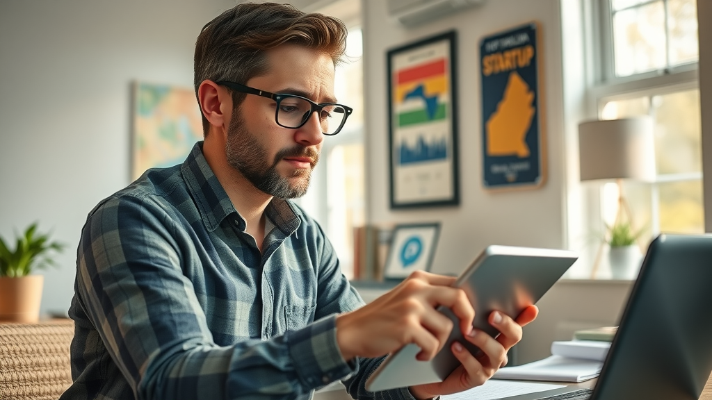 Determined North Carolina small business owner reviewing marketing analytics in a cozy home office with motivational posters and local maps, photorealistic style.