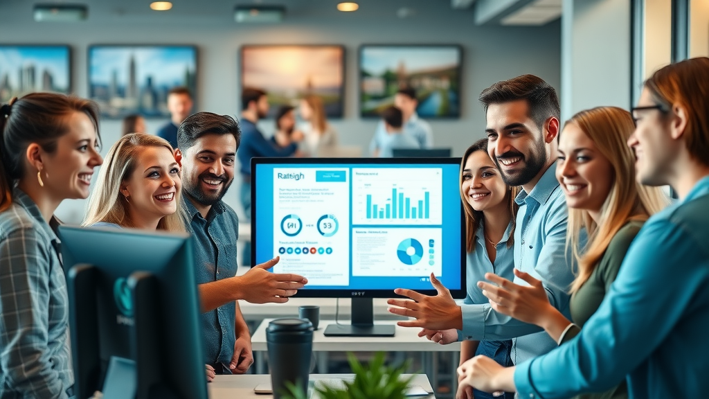 Energetic young marketing team brainstorming social media strategies in a modern agency workspace, with Raleigh city art, photorealistic style.