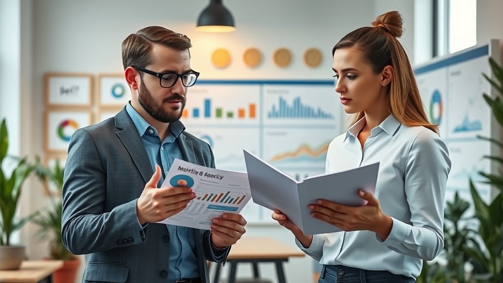 Marketing professionals comparing agency portfolios in a bright Raleigh coworking space with service comparison boards and lively discussion, photorealistic style.