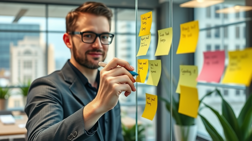 Optimistic startup founder writing on a glass wall with strategy action steps in a chic Raleigh office with city views, photorealistic style.