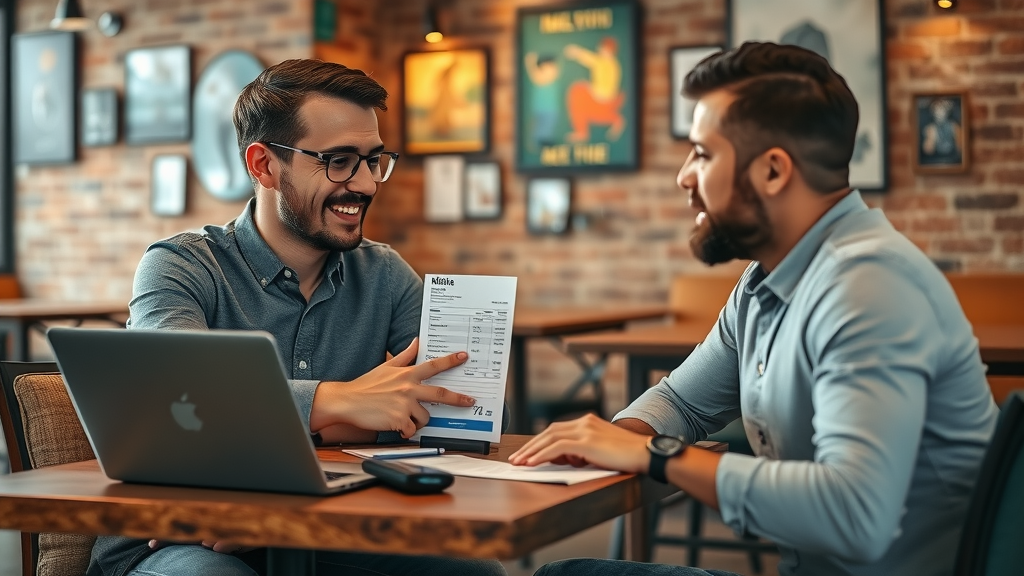 Professional consultant discussing digital marketing pricing with a startup owner in a trendy Raleigh coffee shop, photorealistic style.