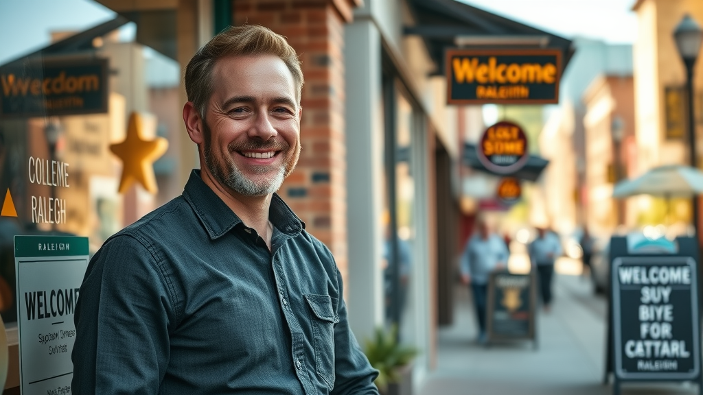 Confident small business owner standing in front of a vibrant Raleigh storefront, symbolizing successful small business advertising Raleigh
