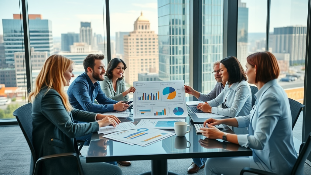 Marketing strategy consultant Raleigh downtown cityscape, team collaborating over charts in office with city views