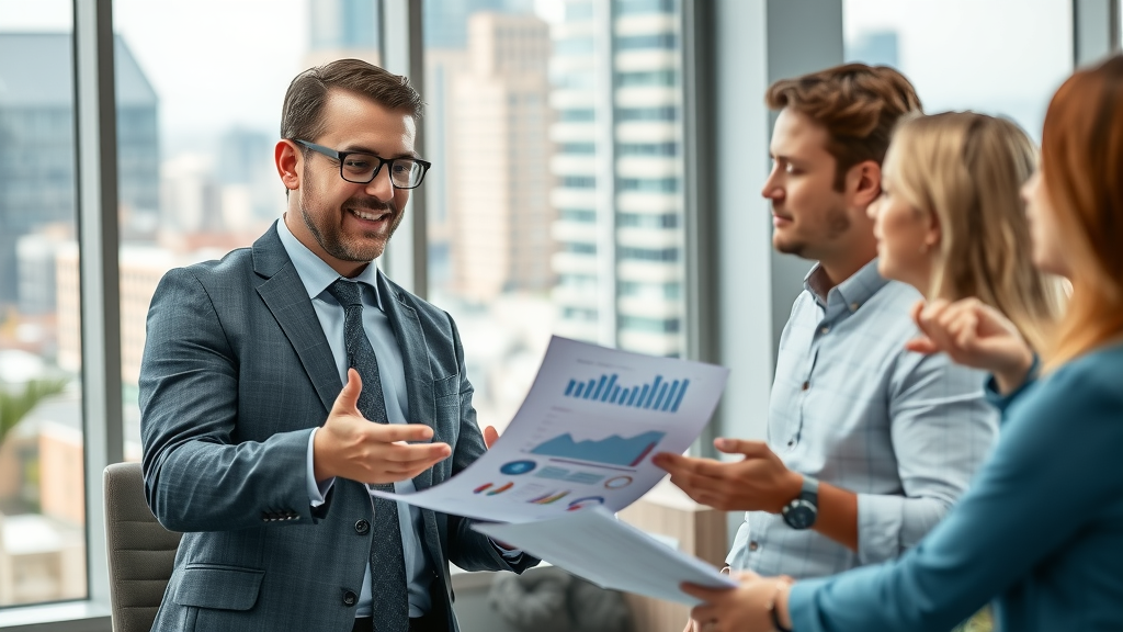 Professional marketing strategy consultant Raleigh explaining results to local business owners, city view background